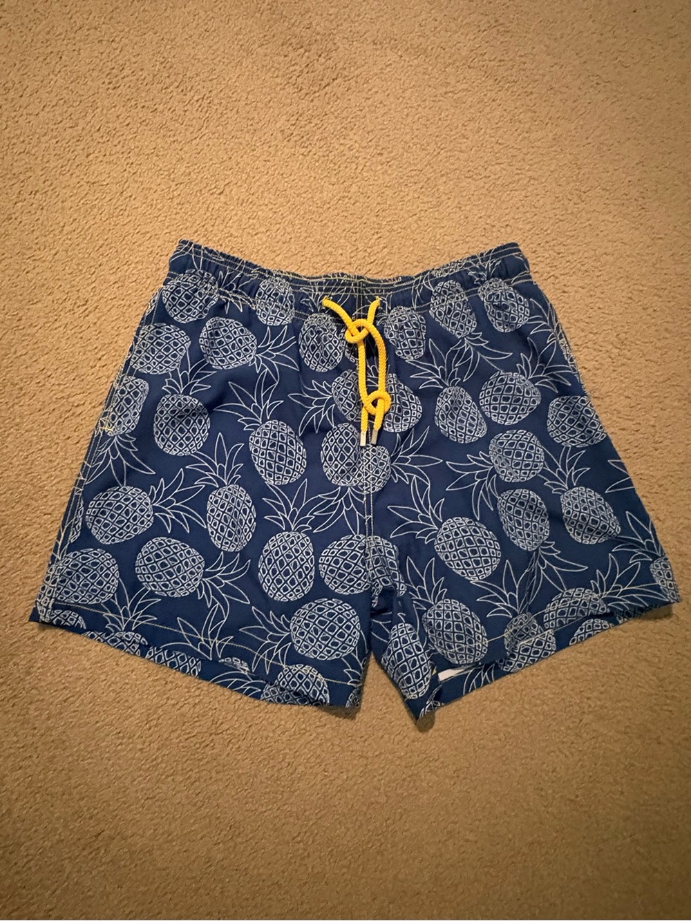 Navy Pineapple Print Swim Trunks with Yellow Drawstring